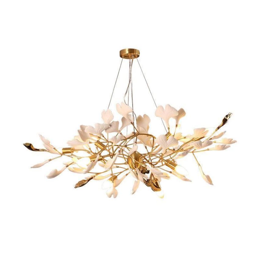 Gingko Porcelain Petal Brass Branch Chandelier