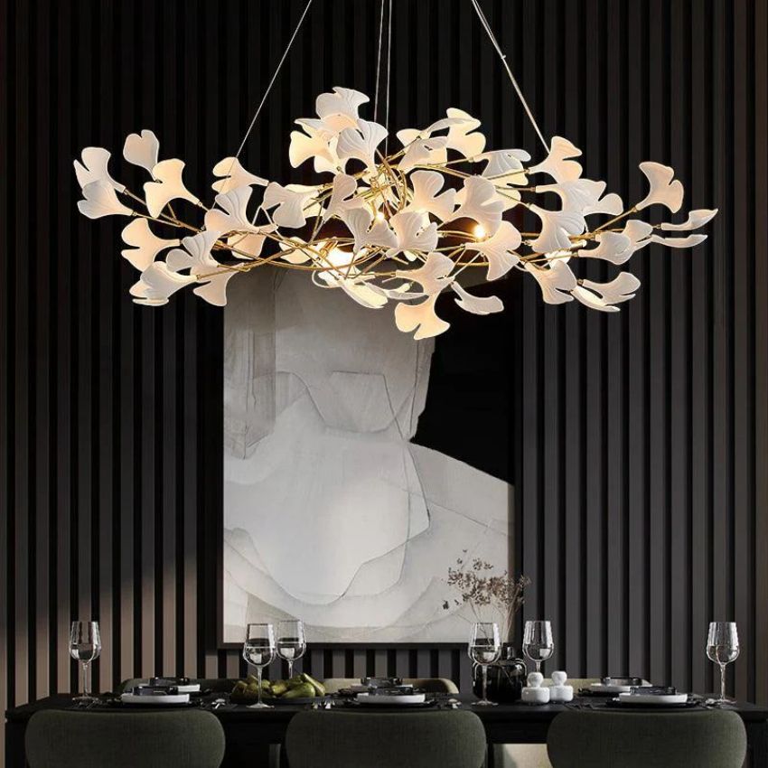 Gingko Porcelain Petal Brass Branch Chandelier