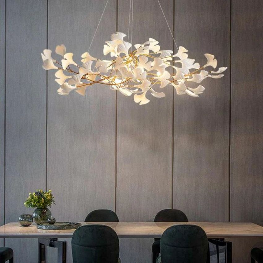 Gingko Porcelain Petal Brass Branch Chandelier