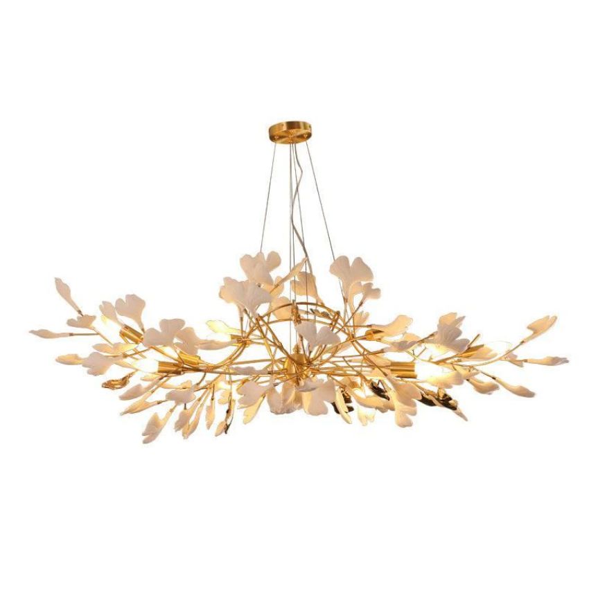 Gingko Porcelain Petal Brass Branch Chandelier